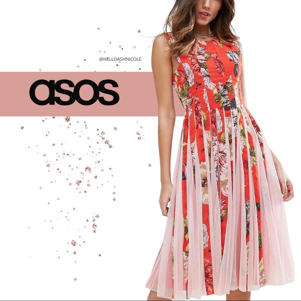 ASOS Floral Mesh Insert Fit and Flare Midi Dress